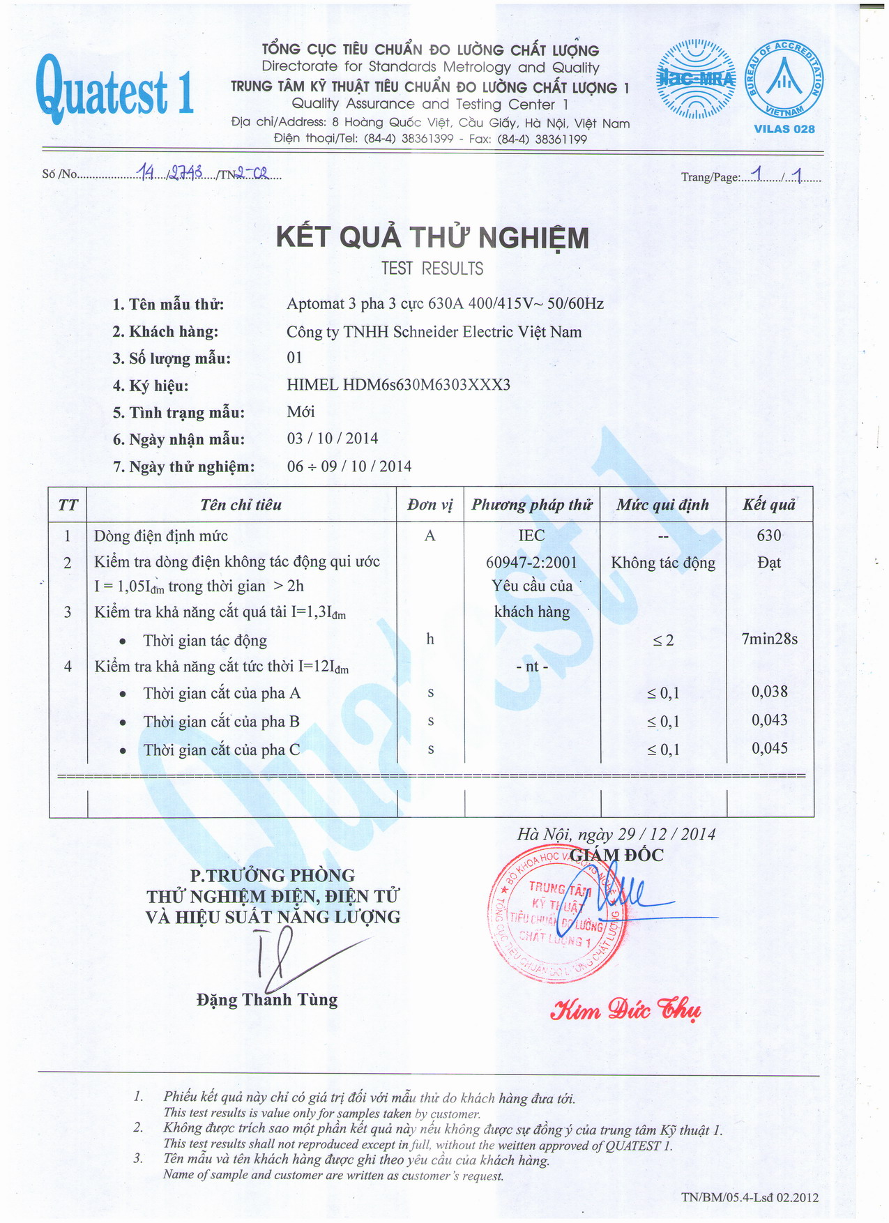 Chứng nhận quatest1 aptomat 3P 630A